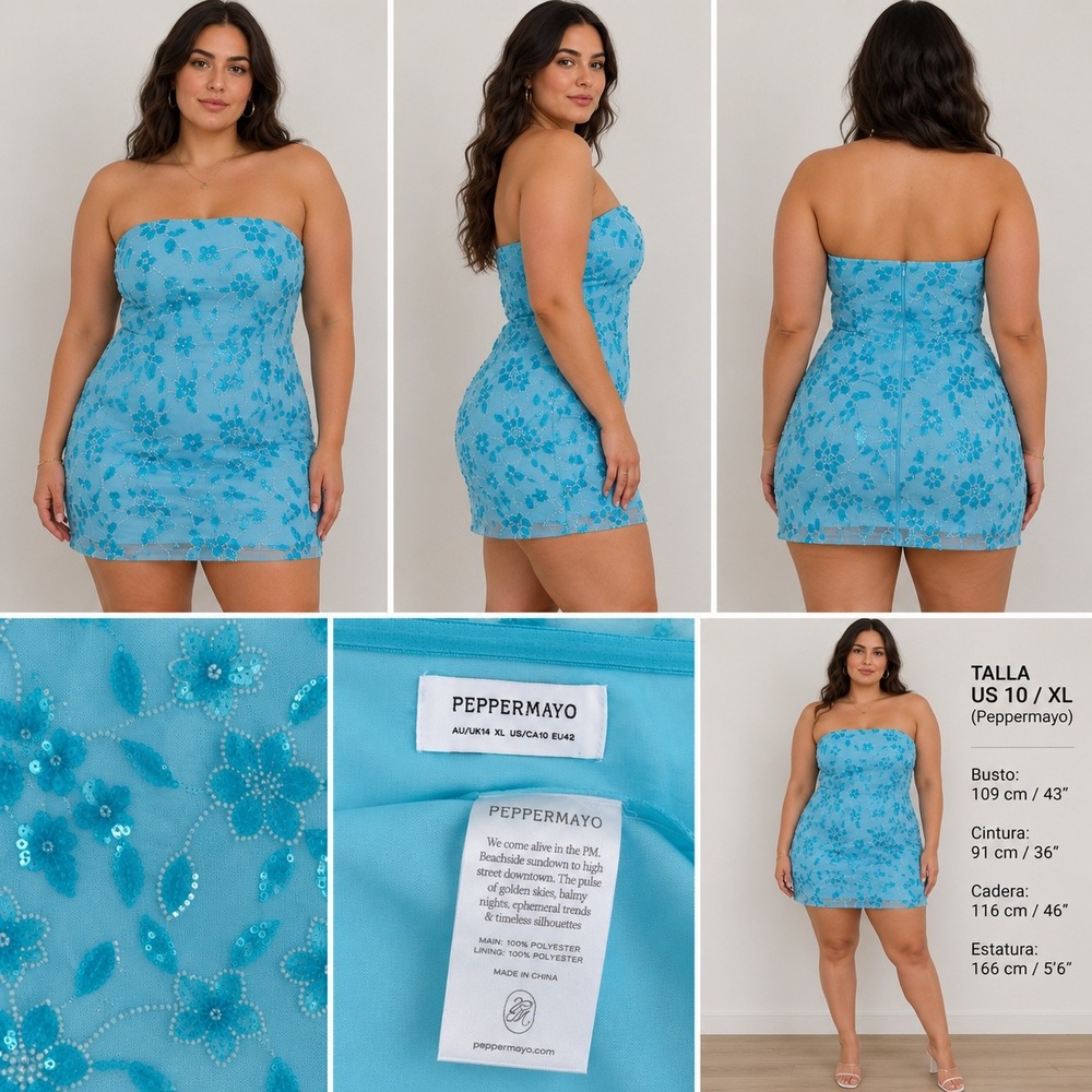 Peppermayo Blue Floral Sequin Beaded Strapless Mesh Mini Dress XL US 10